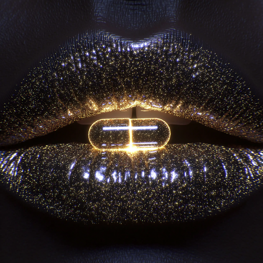 Holographic Pill Between Glossy Black Lips