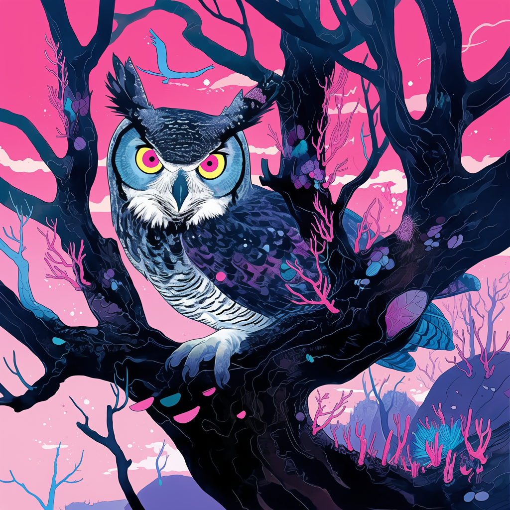Great Horned Owl in a Gnarled Old Tree