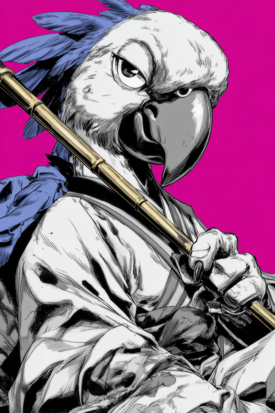 Blue-Striped Parrot with a Vintage Cigarette Holder