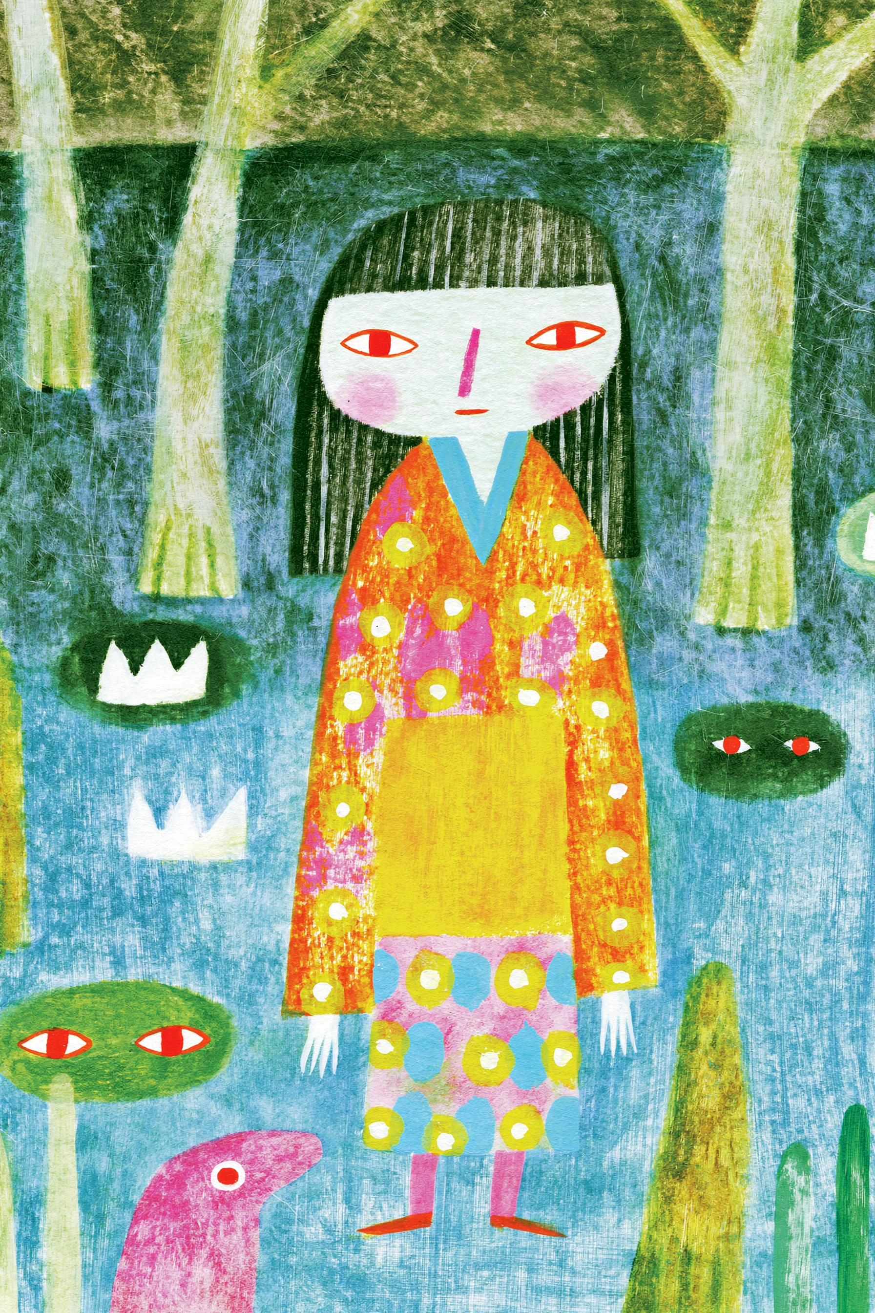 Femme en kimono aux yeux rouges dans le marais