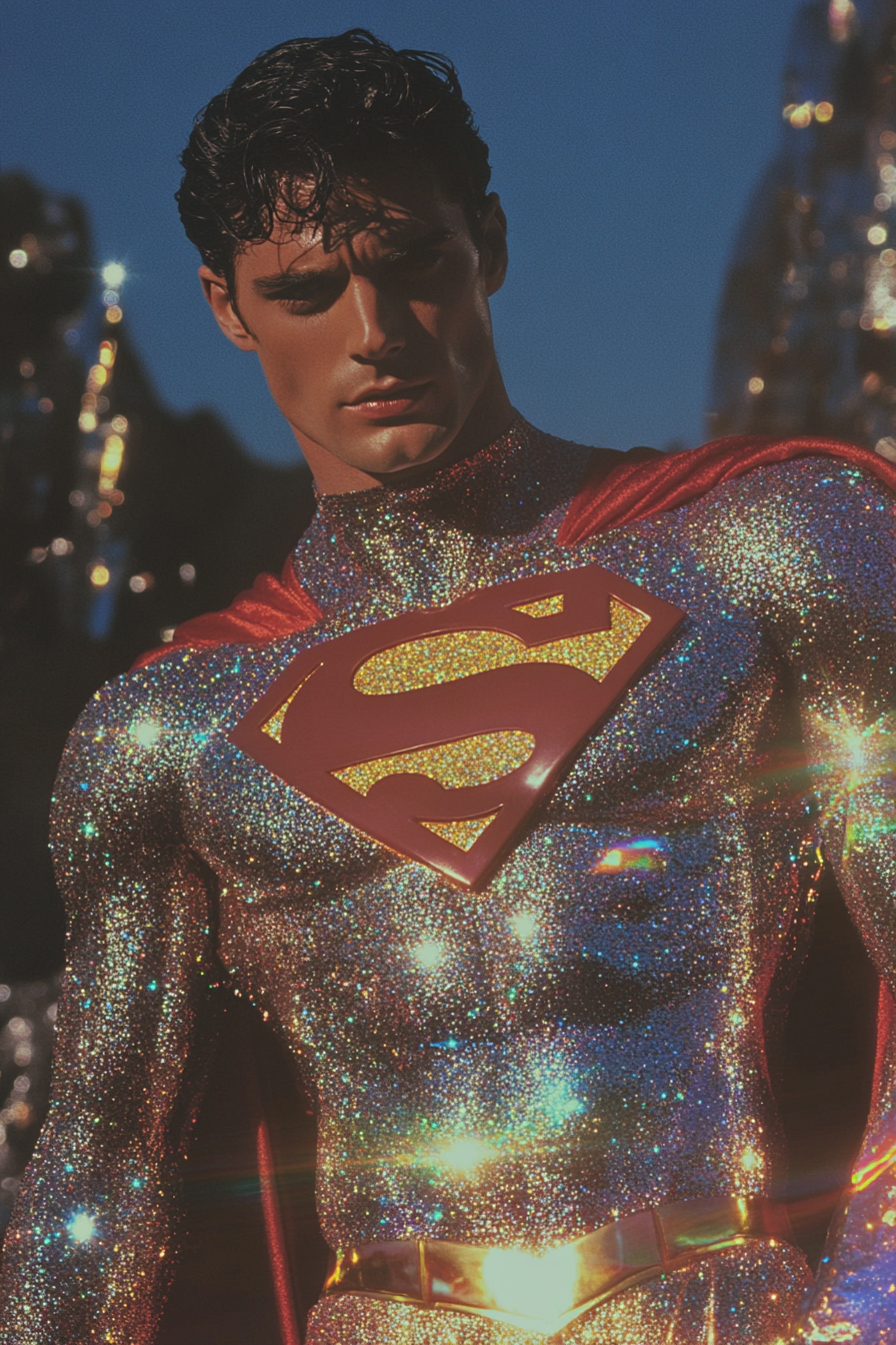 Superman de discoteca cubierto de diamantes bajo el cielo azul