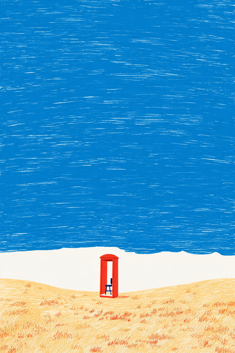 Vermilion Phone Booth in a Blue Desert