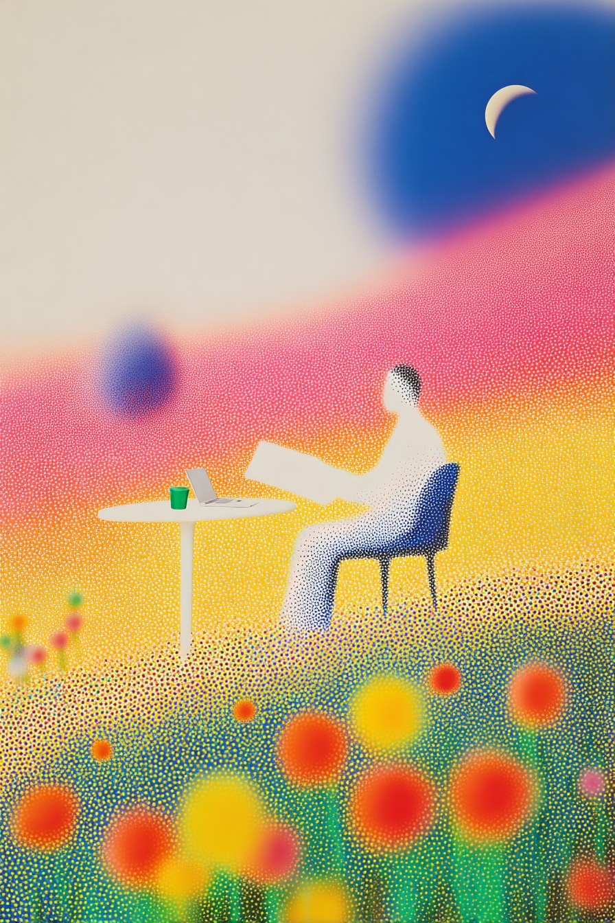 Moonlit Hilltop Workspace among Flowers