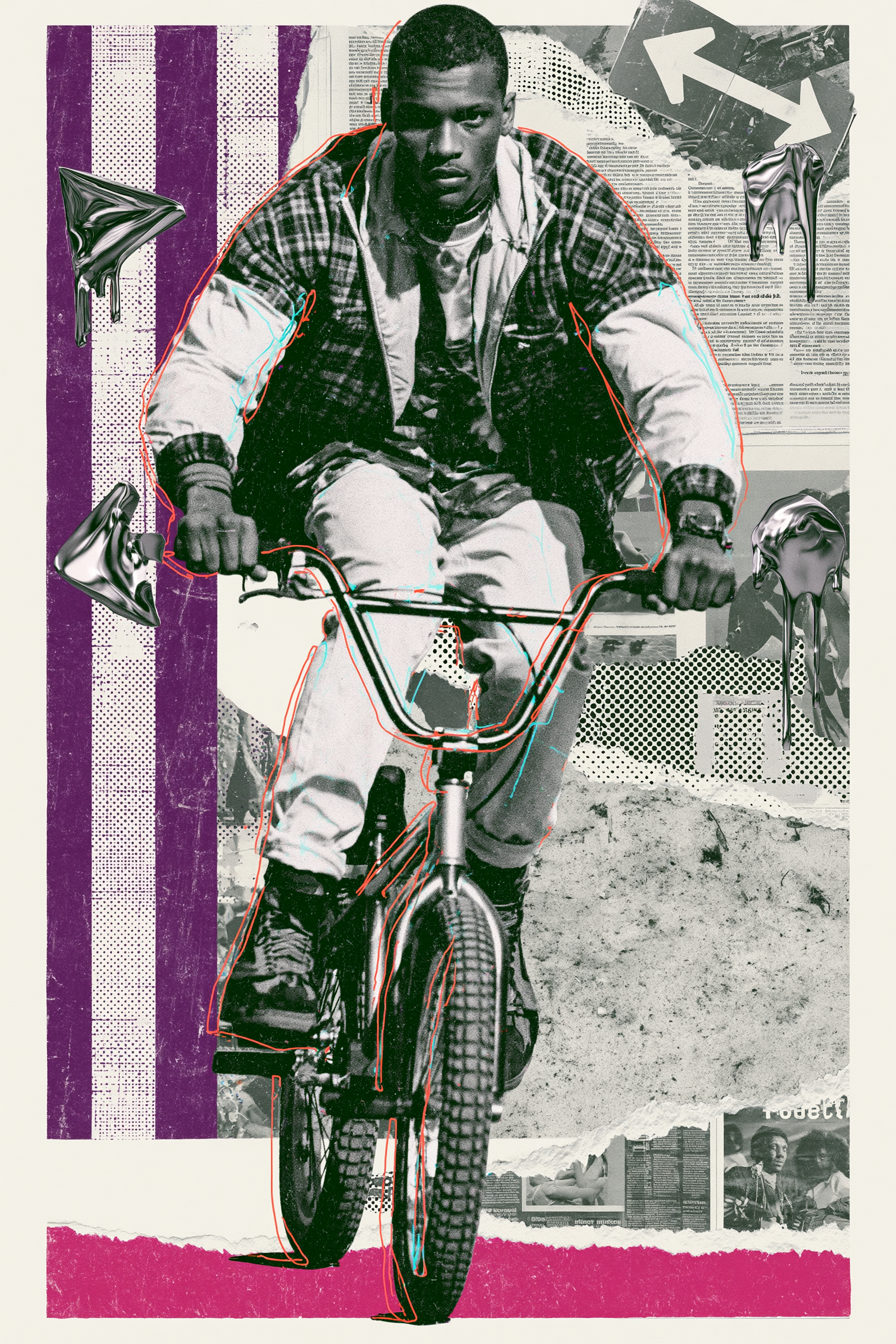 BMX Courier Racing Through a Collage Alley