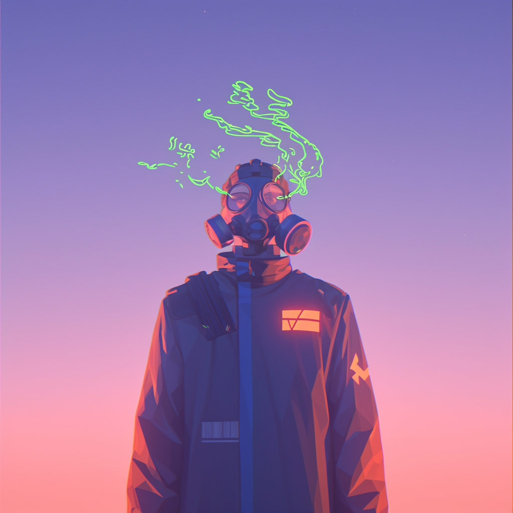Gas-Masked Figure with Green Neon Smoke