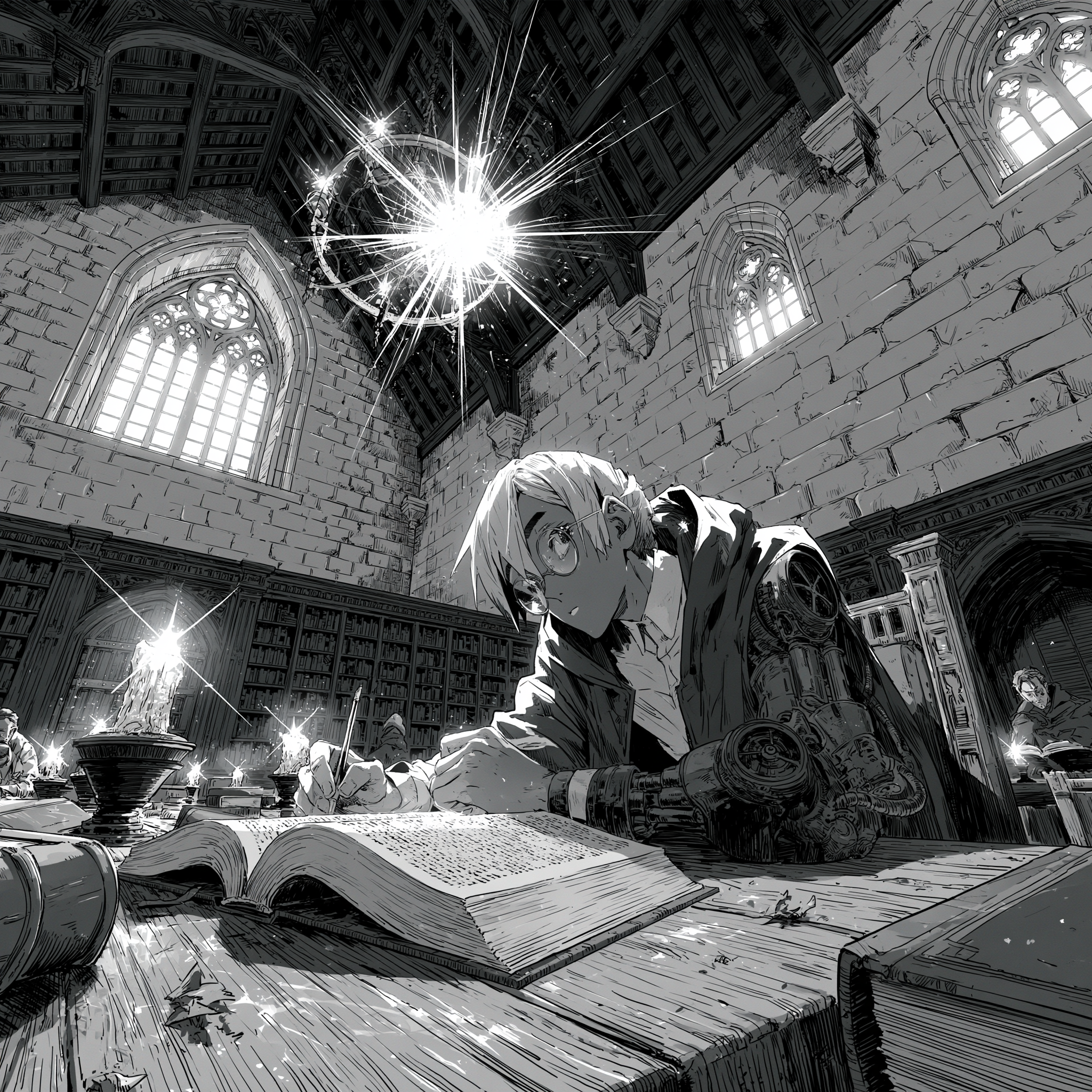 Steampunk Philosopher Studying in a Guild Hall