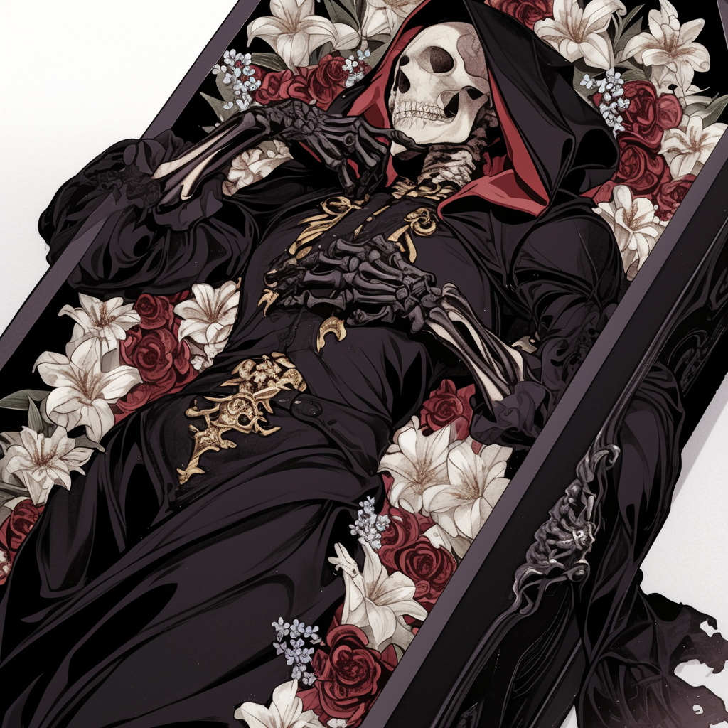 Anime Skull in a Flower-Filled Coffin