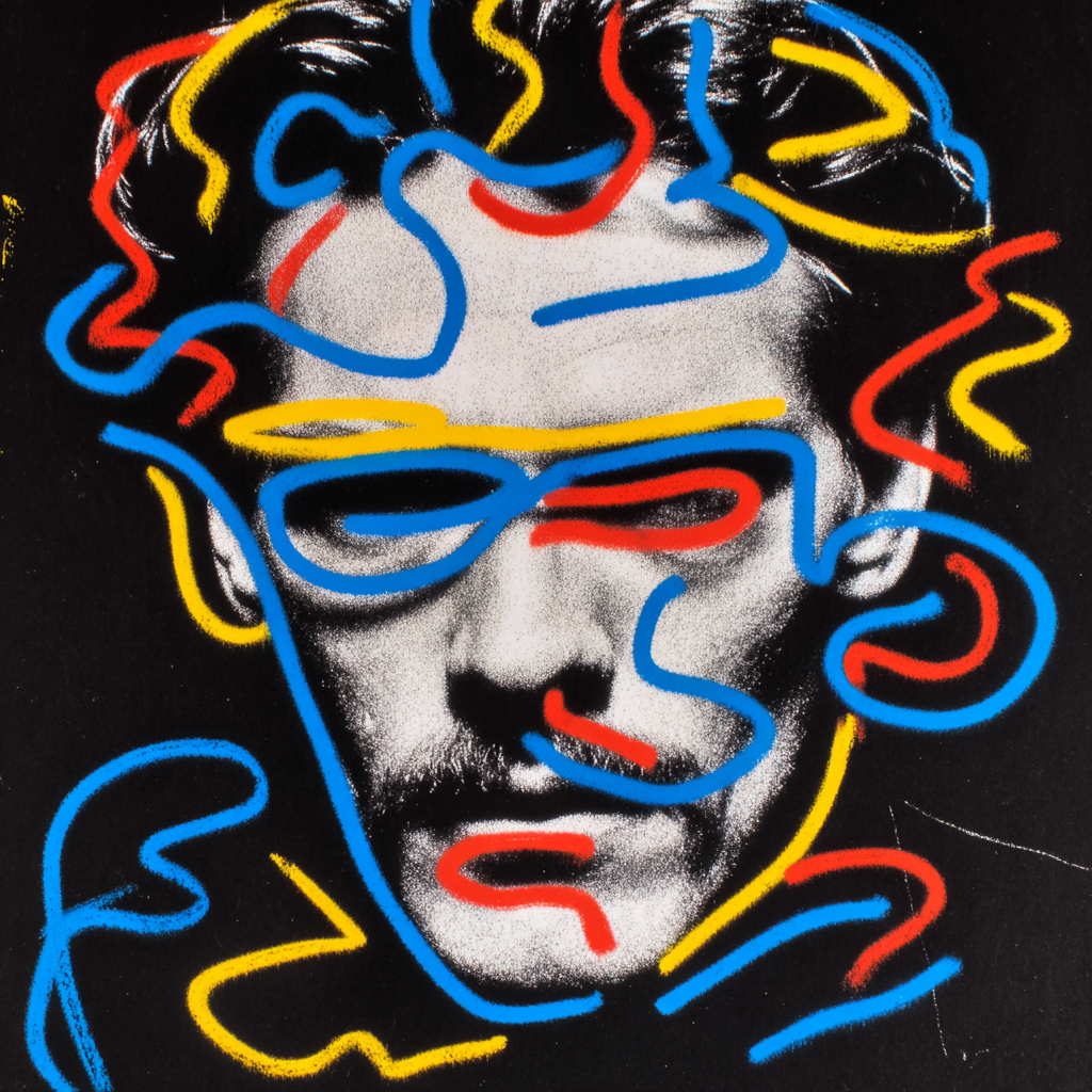 Neon-Kreidegraffiti auf einem monochromen Straßenporträt