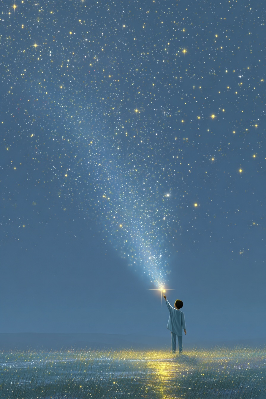 Garçon sous le ciel étoilé d’été