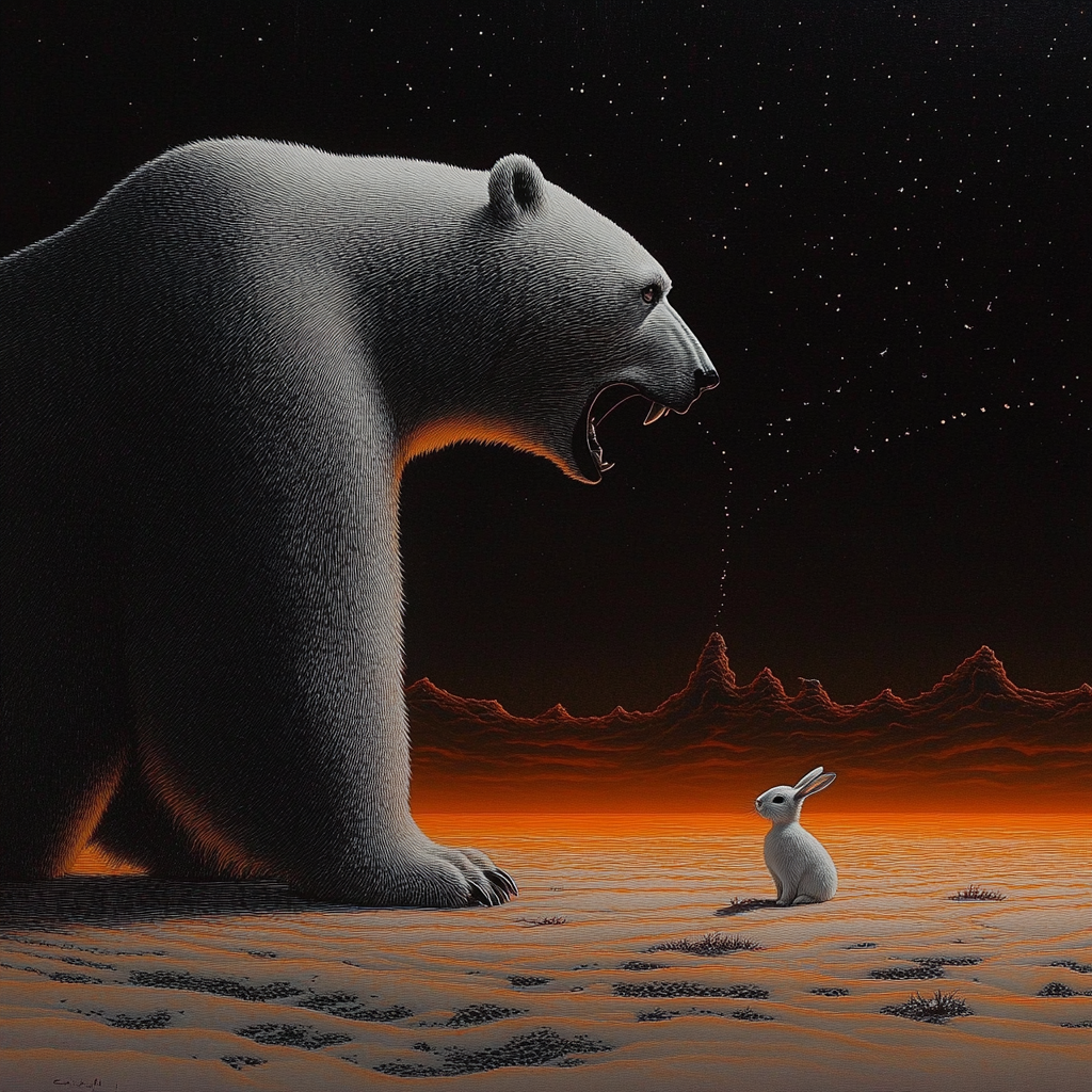 Giant Polar Bear Facing a Tiny Rabbit