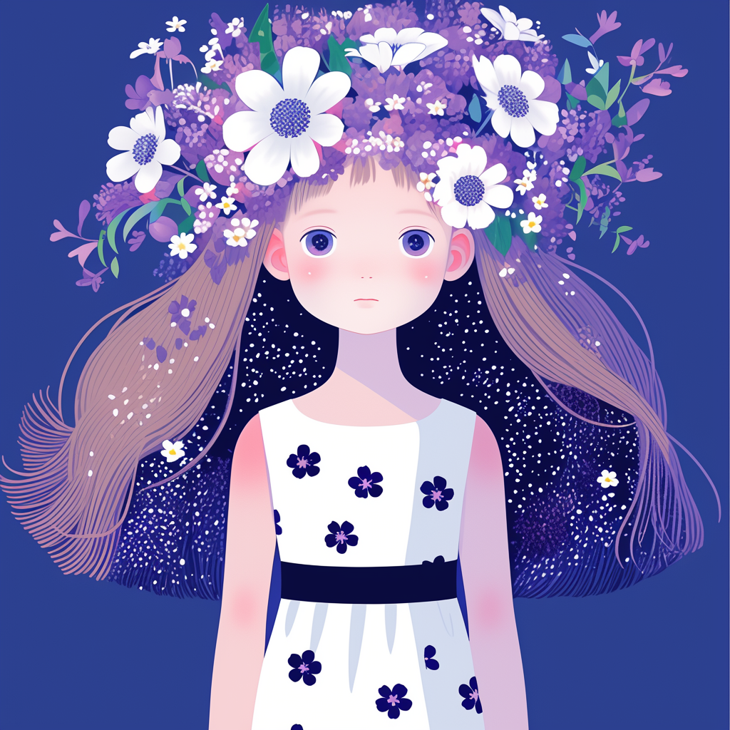 銀河の花々に囲まれたアニメ少女