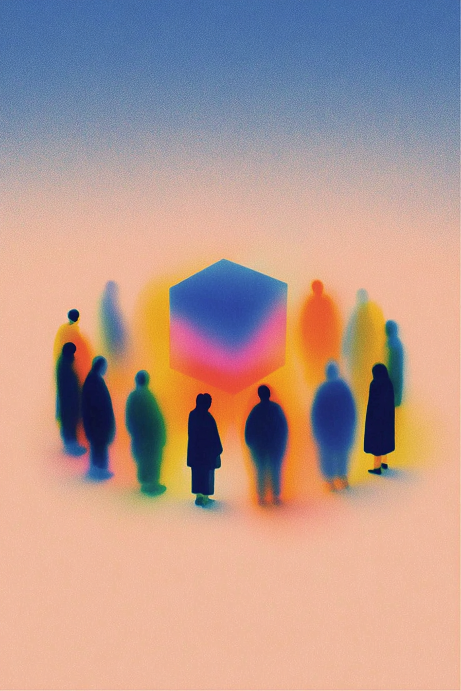 Círculo de figuras alrededor de un cubo luminoso