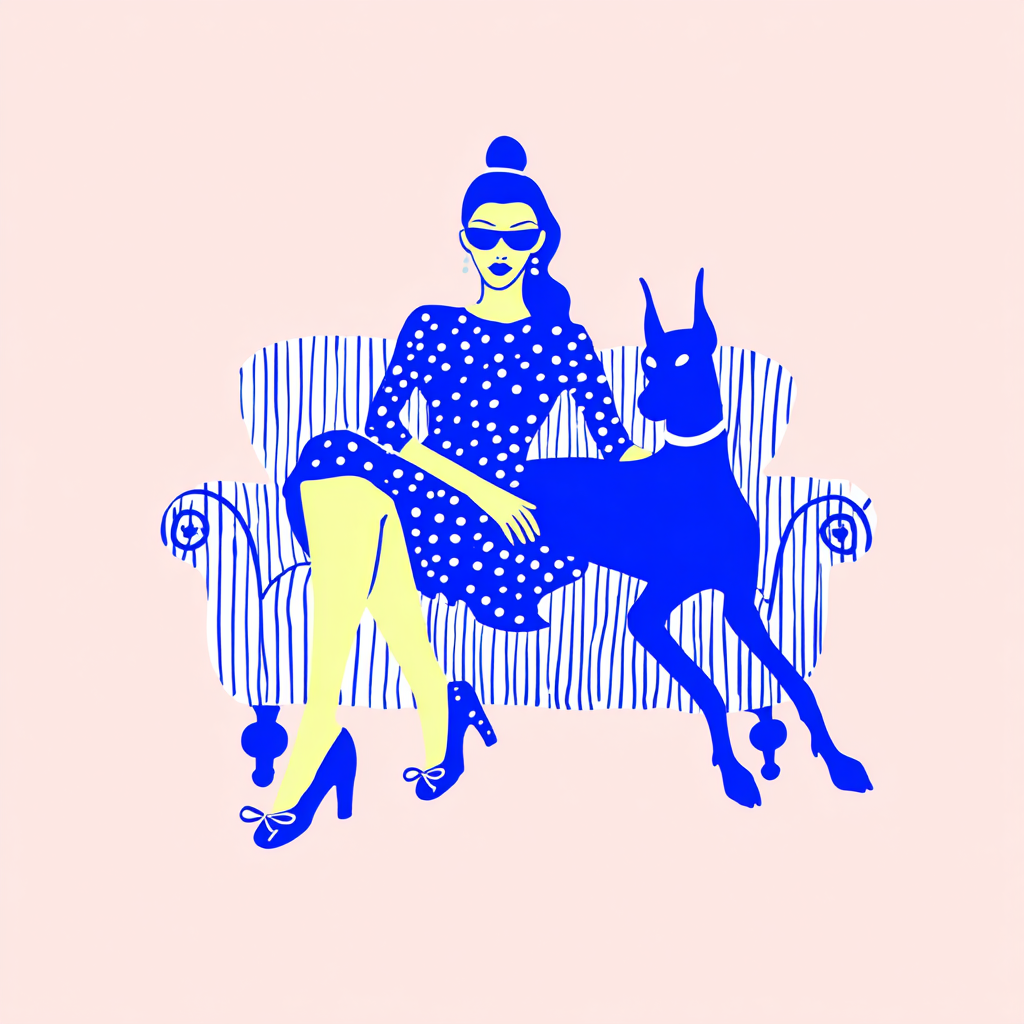 Woman and Doberman on a Striped Sofa
