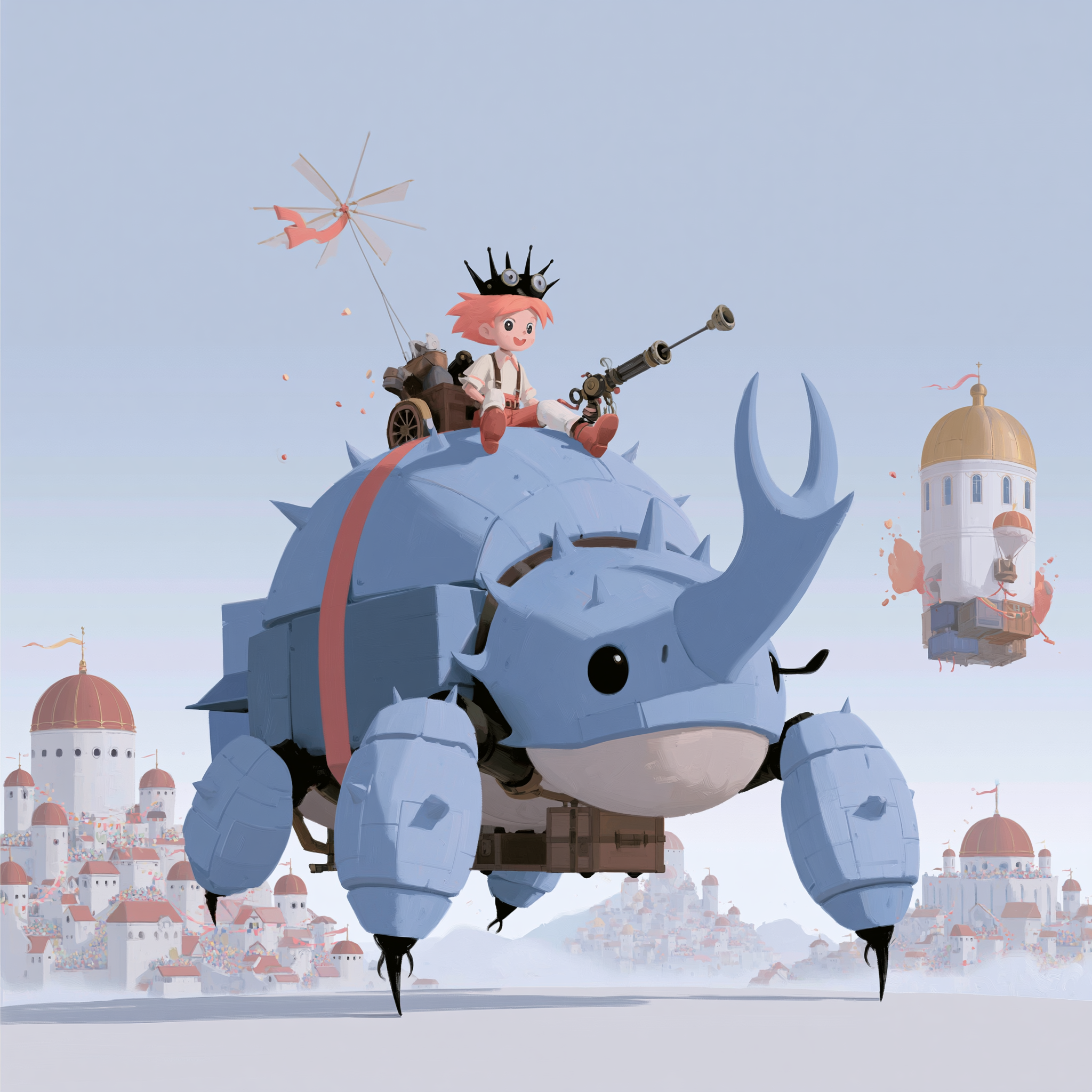 Coral-Haired Mechanic on a Beetle Airship