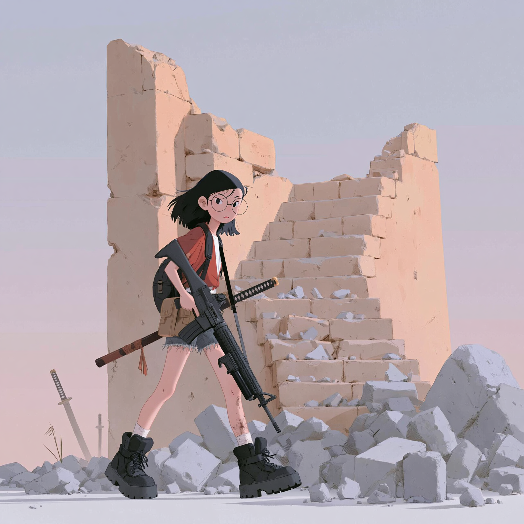 Armed Woman Walking Through Ruins