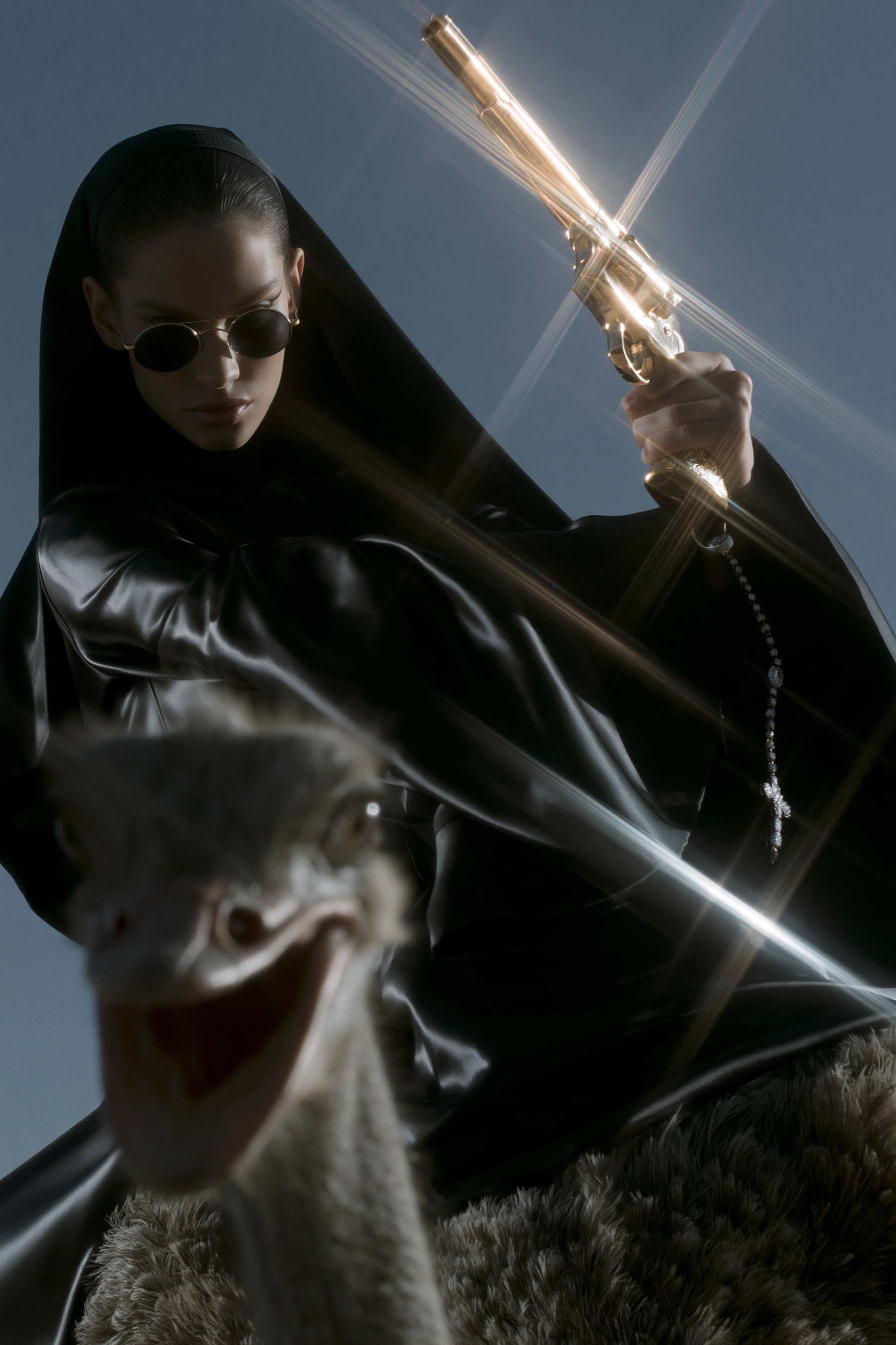 Rebel Nun Riding an Ostrich with a Golden Pistol