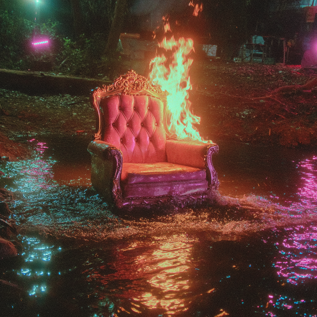 Verzierter Stuhl zwischen Wasser und Feuer