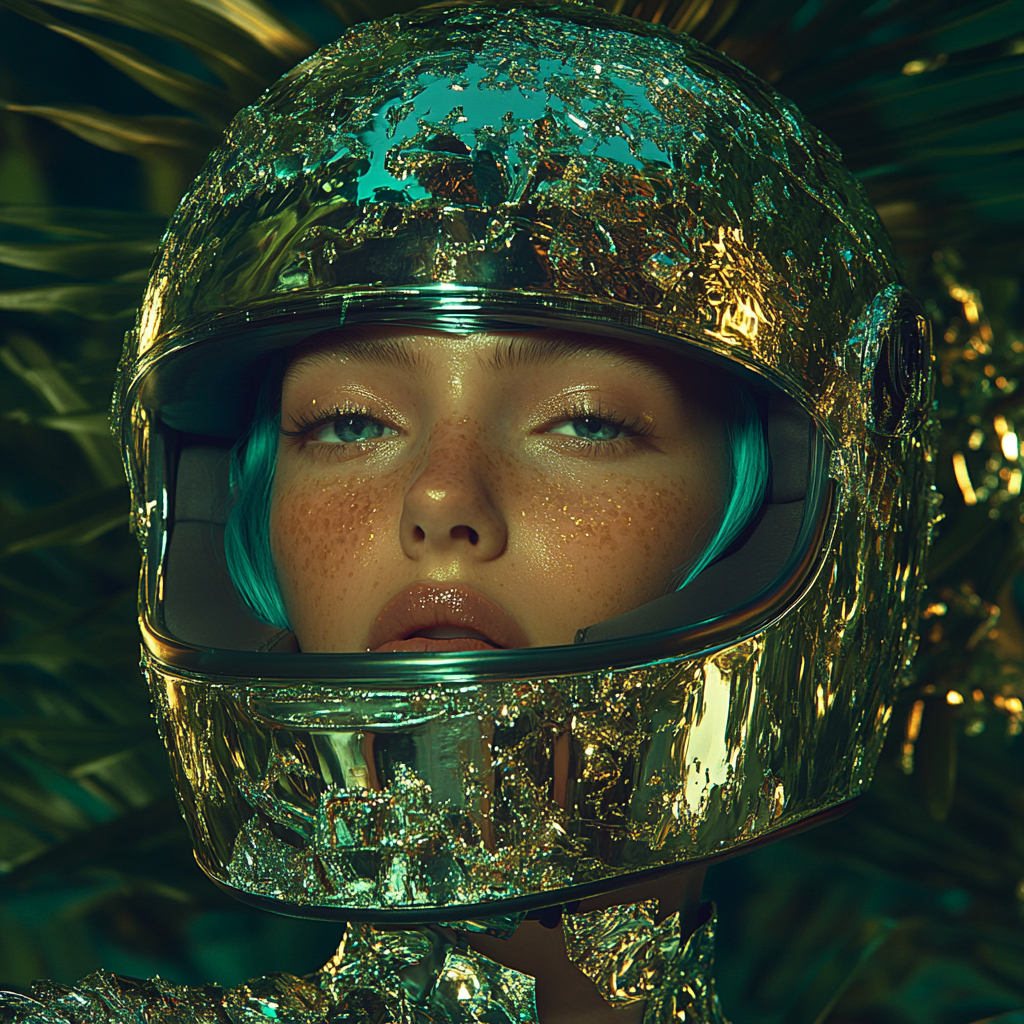 Silver-Helmet Beauty Amid Molten Jungle Crystals