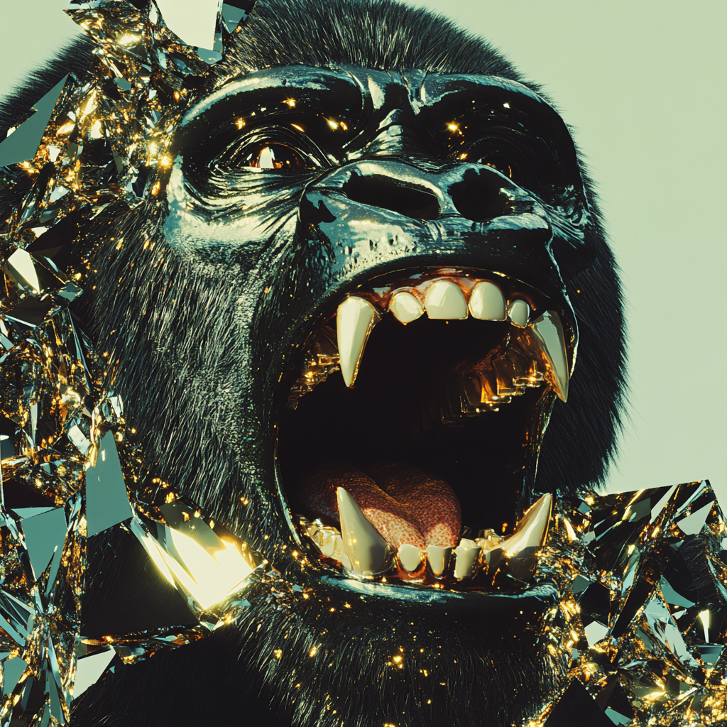 Geometric Black-and-Gold Roaring Gorilla
