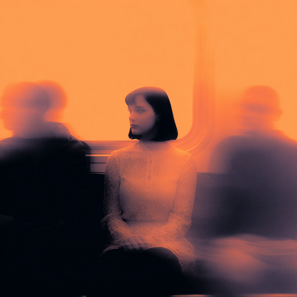 Still Woman Among Blurred Train Passengers