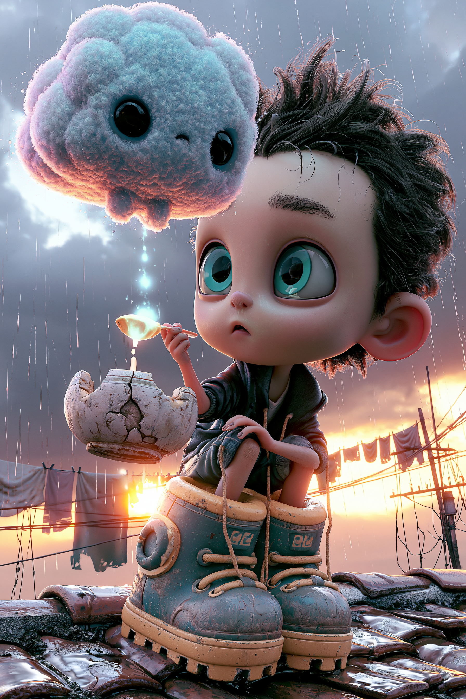Boy Feeding a Tiny Cloud Creature