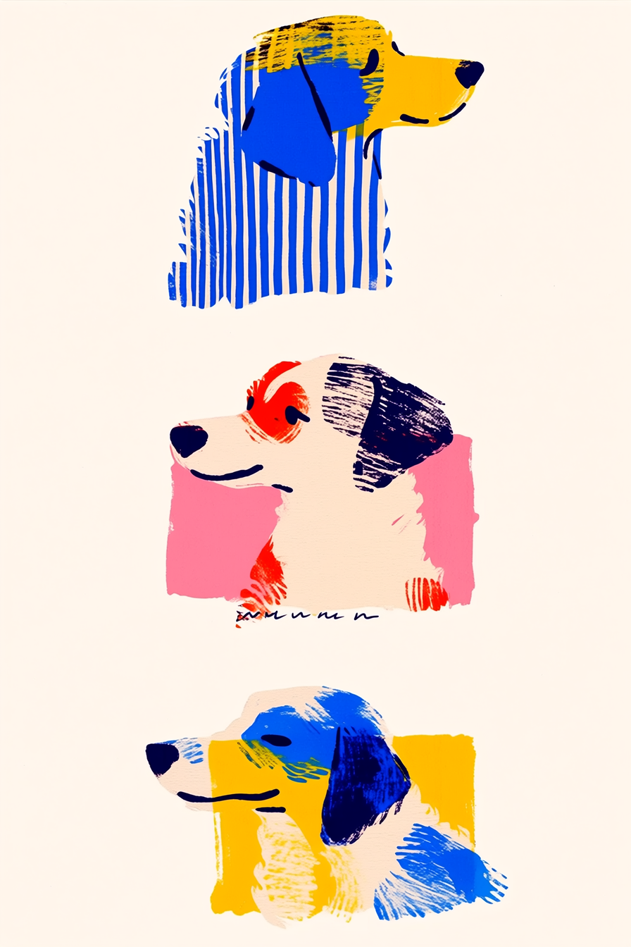 Tres perros callejeros coloridos y felices