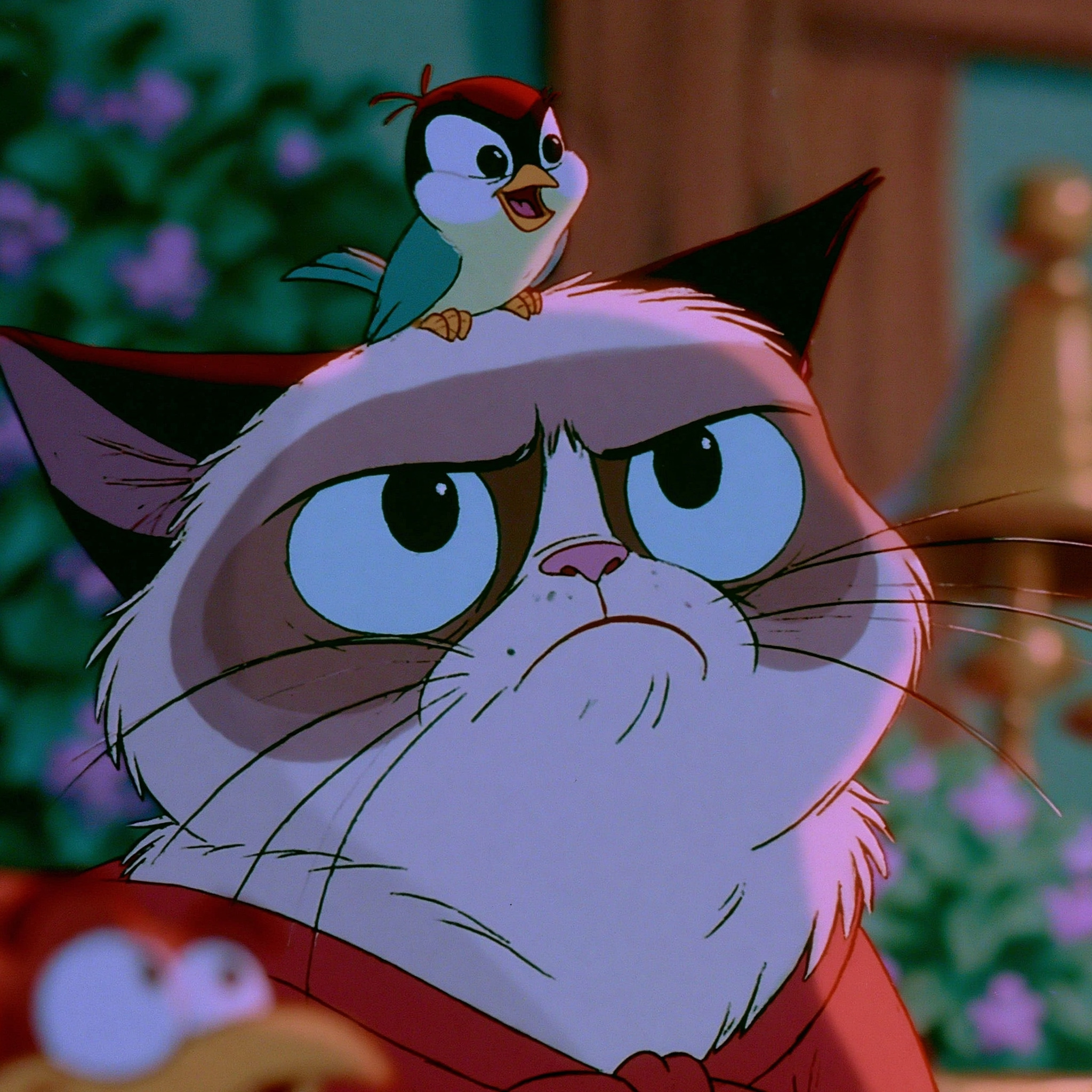 Grumpy Cat with a Bird on Its Head