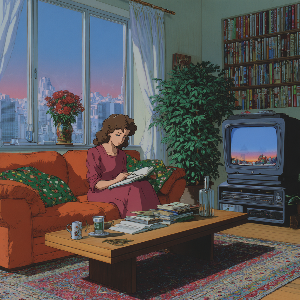 Schoolgirl Doing Homework Beside an Anime TV