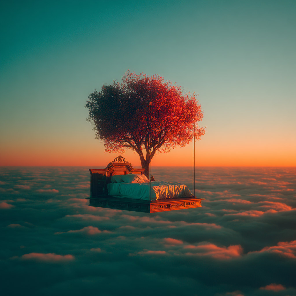 Dormitorio pastel flotando sobre las nubes