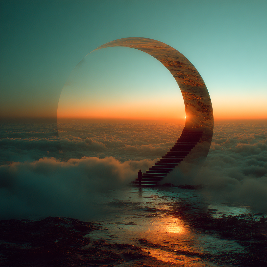 Glass-and-Cloud Arch with a Stairway to the Sky