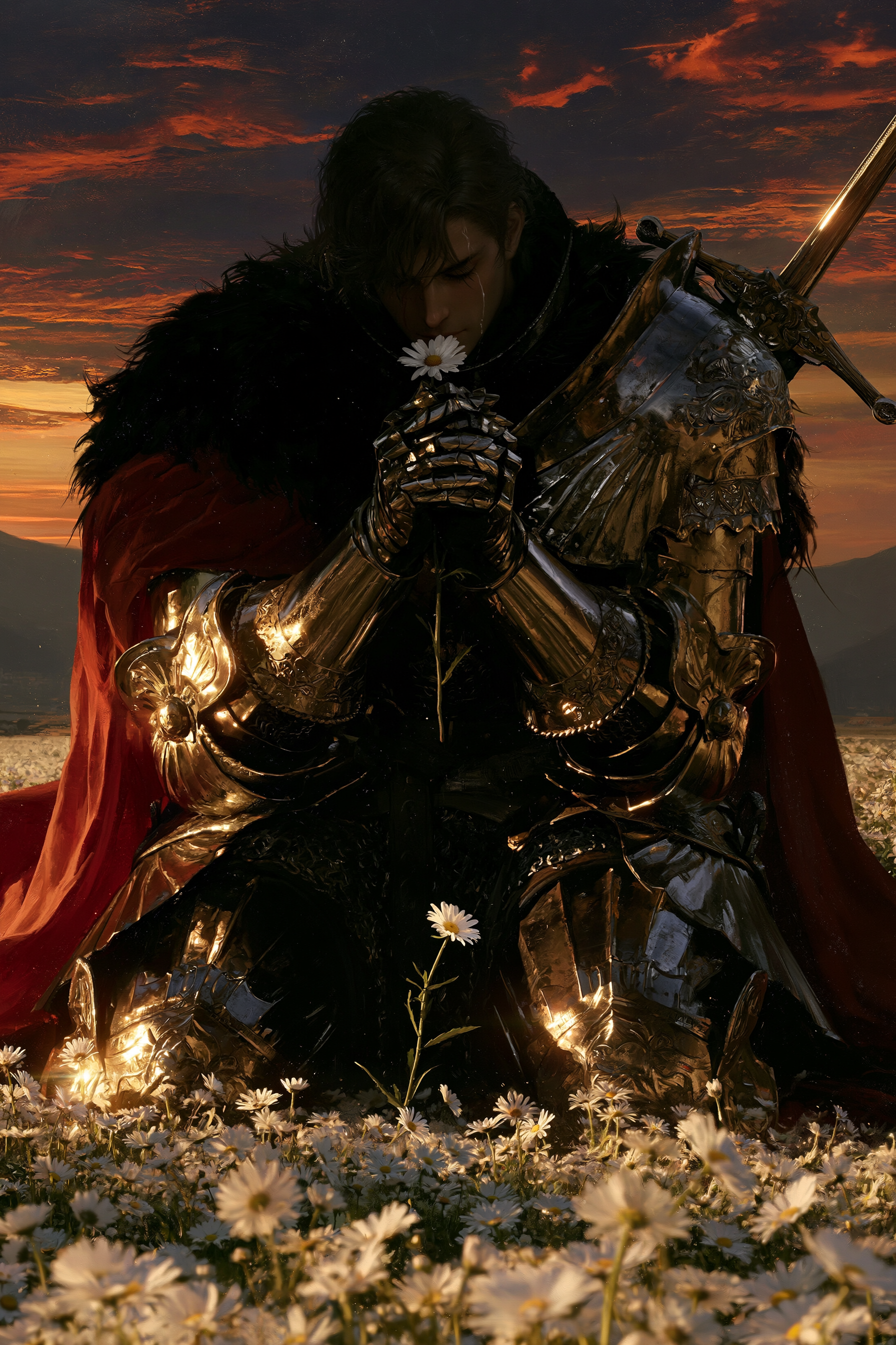 Sorrowful Knight in a Daisy Field