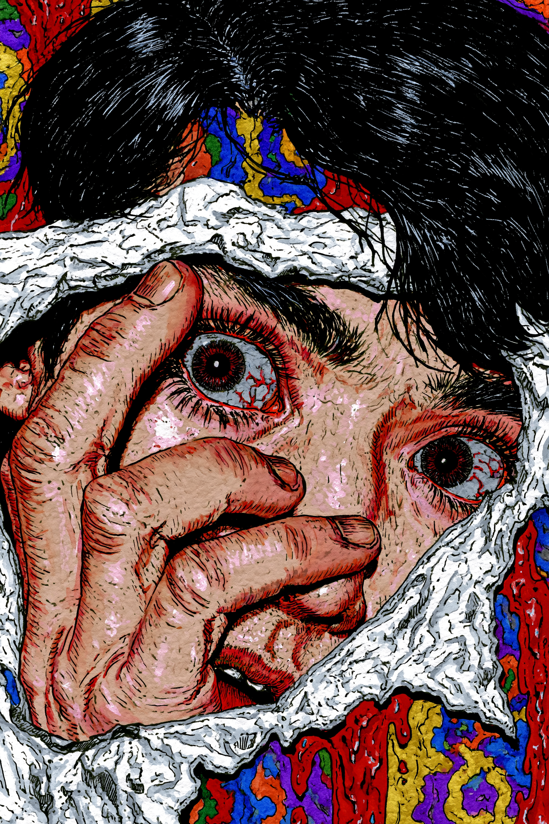 Young Man Peeking Through Torn Paper