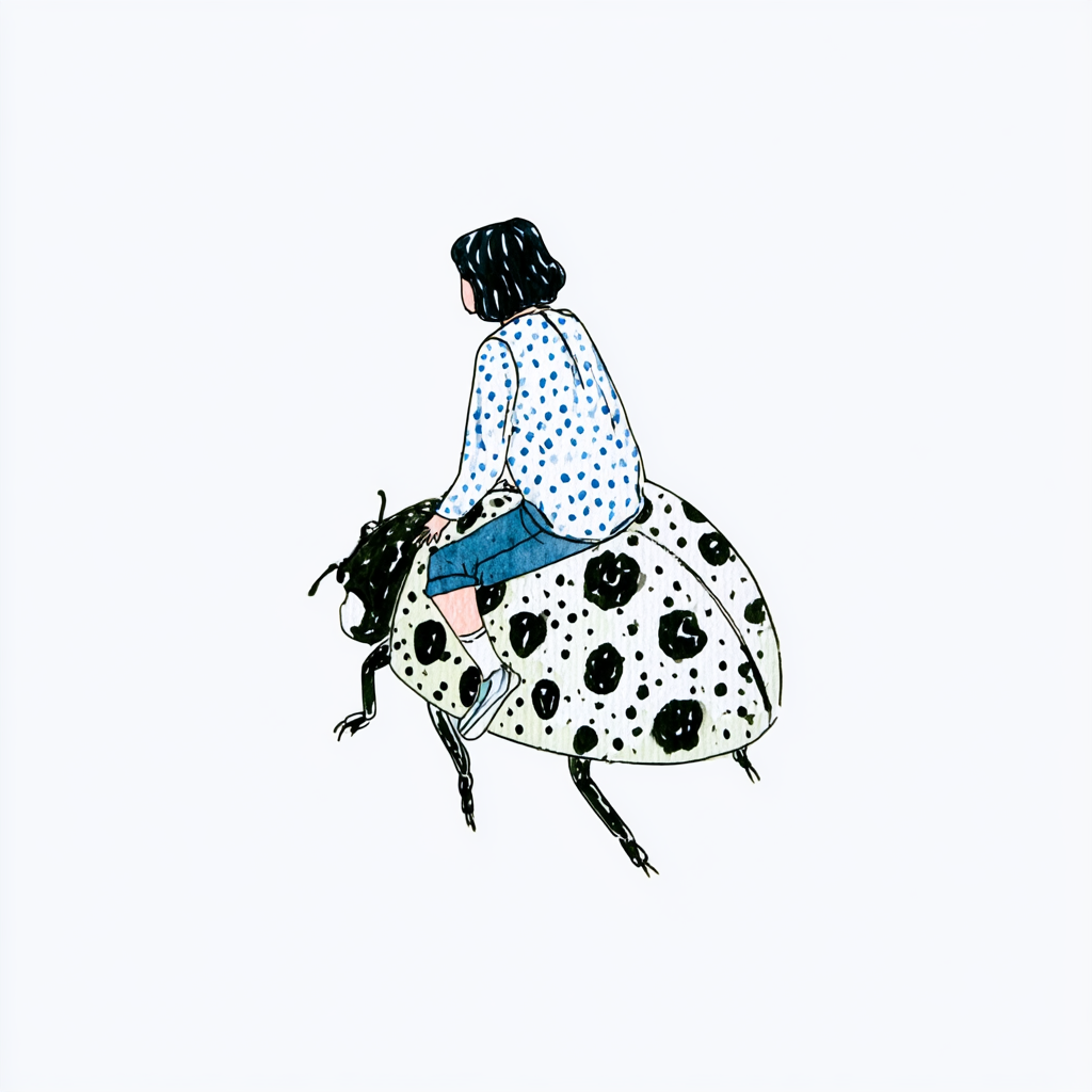 Little Girl Riding a Ladybug in Ink Wash