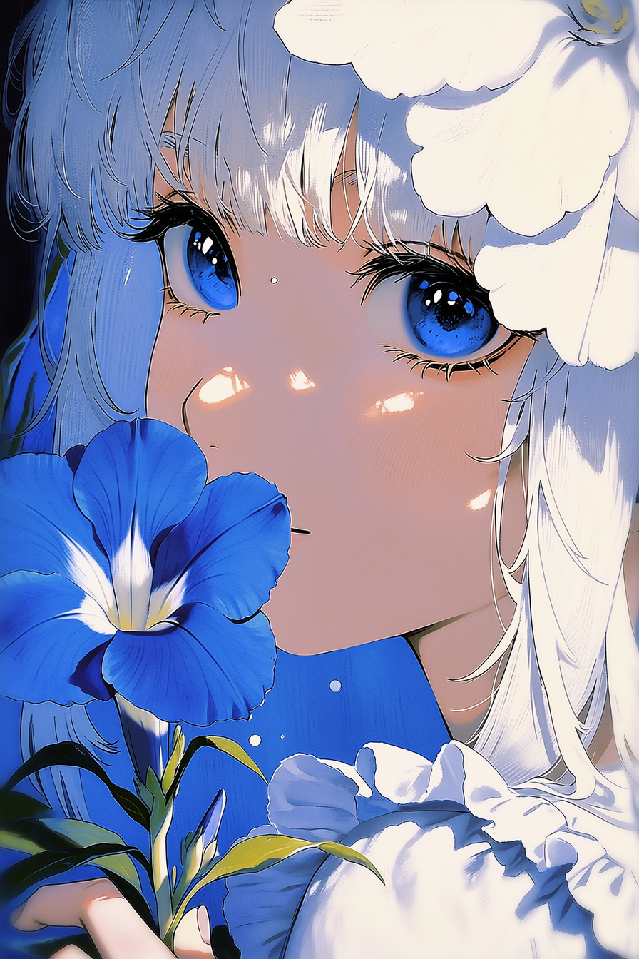 Chica de cabello blanco con una petunia que se disuelve
