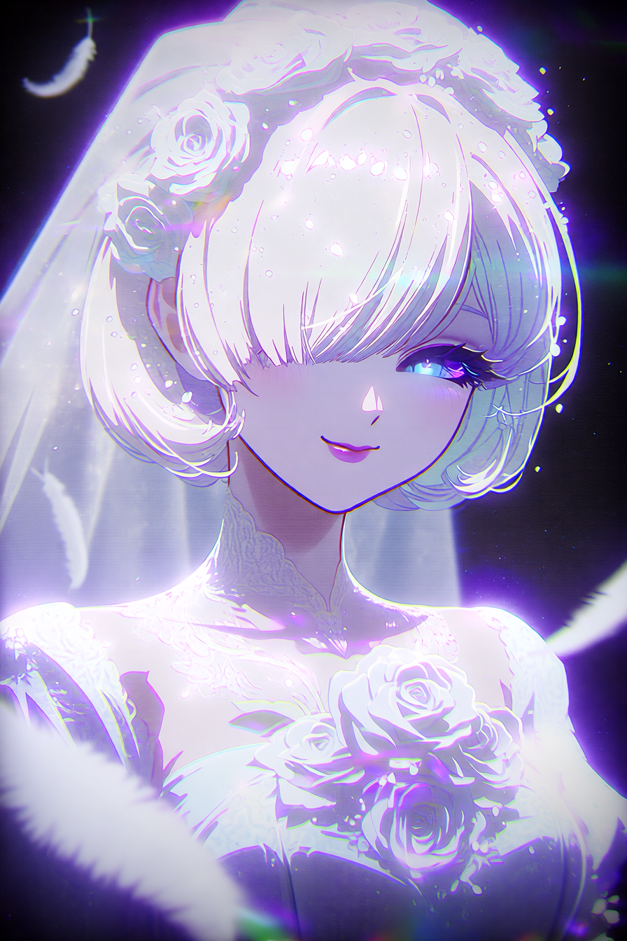 Platinblonde Frau zwischen weißen Rosen