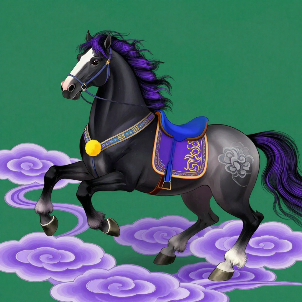Black Horse Galloping across Purple Clouds