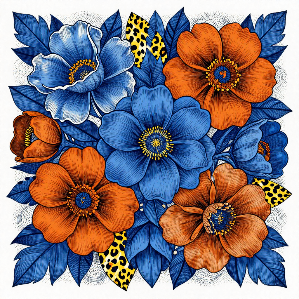 Blue and Orange Wild Flowers in Maximalist Copperplate Style