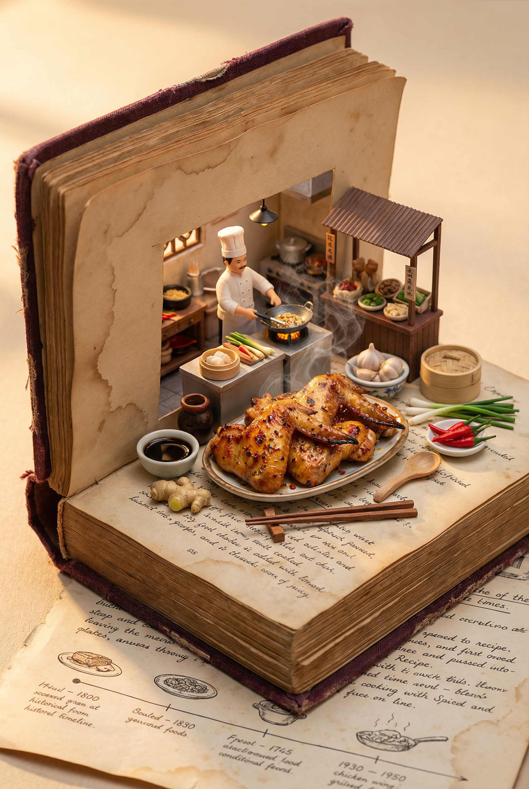 Chicken Wings in a Vintage Miniature Cookbook Kitchen