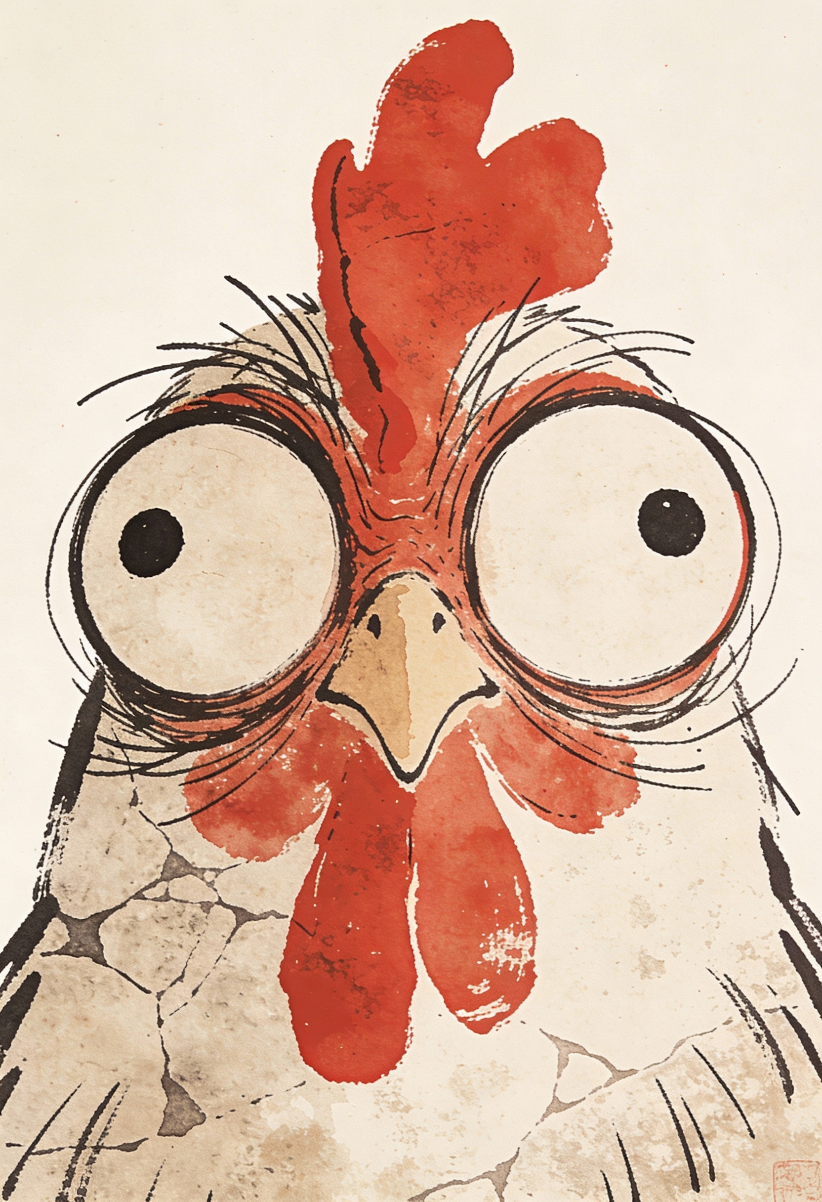 Silly Big-Eyed Chicken in a Red Duotone Doodle