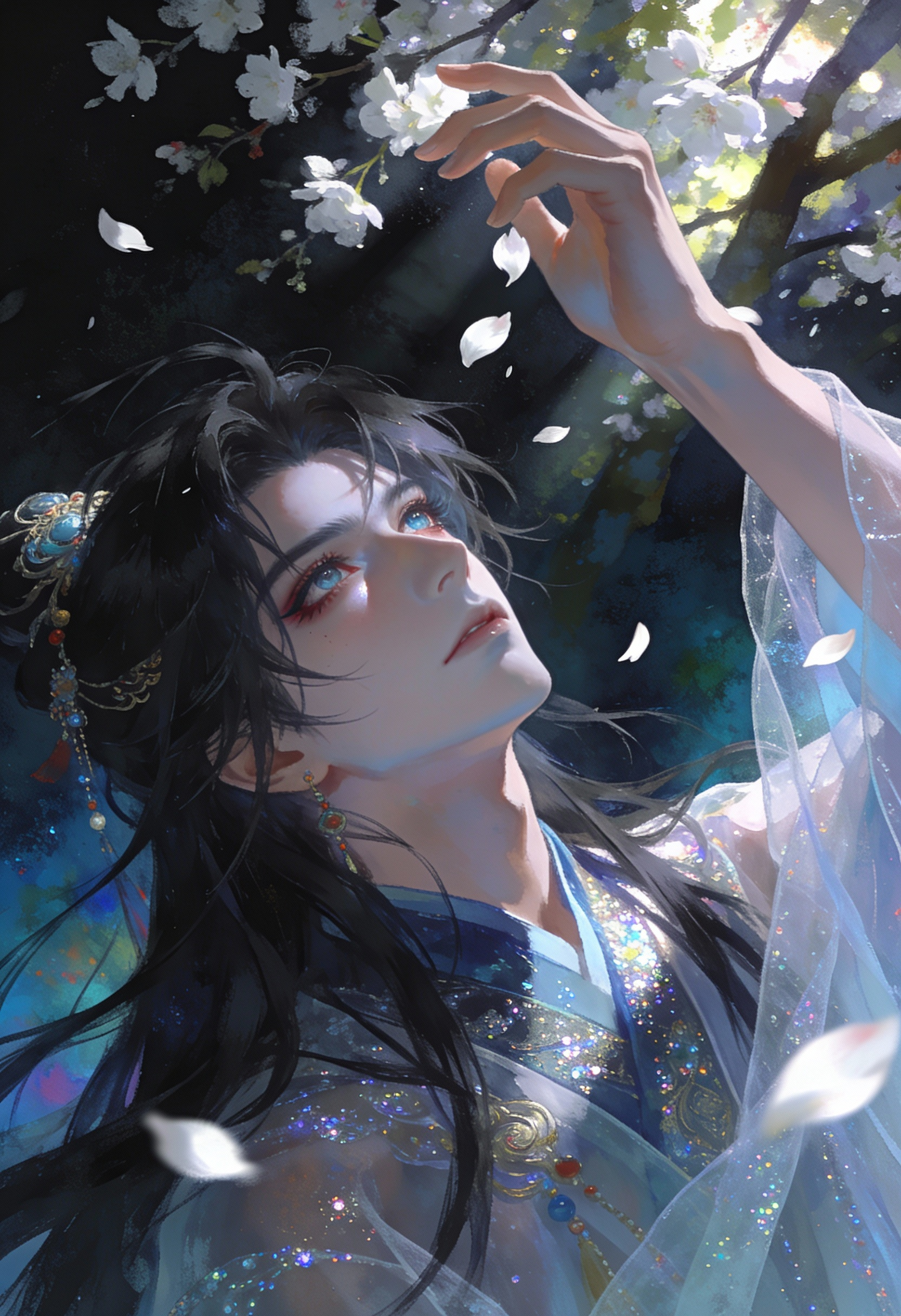 Melancholic Long-Haired Youth Catching White Petals