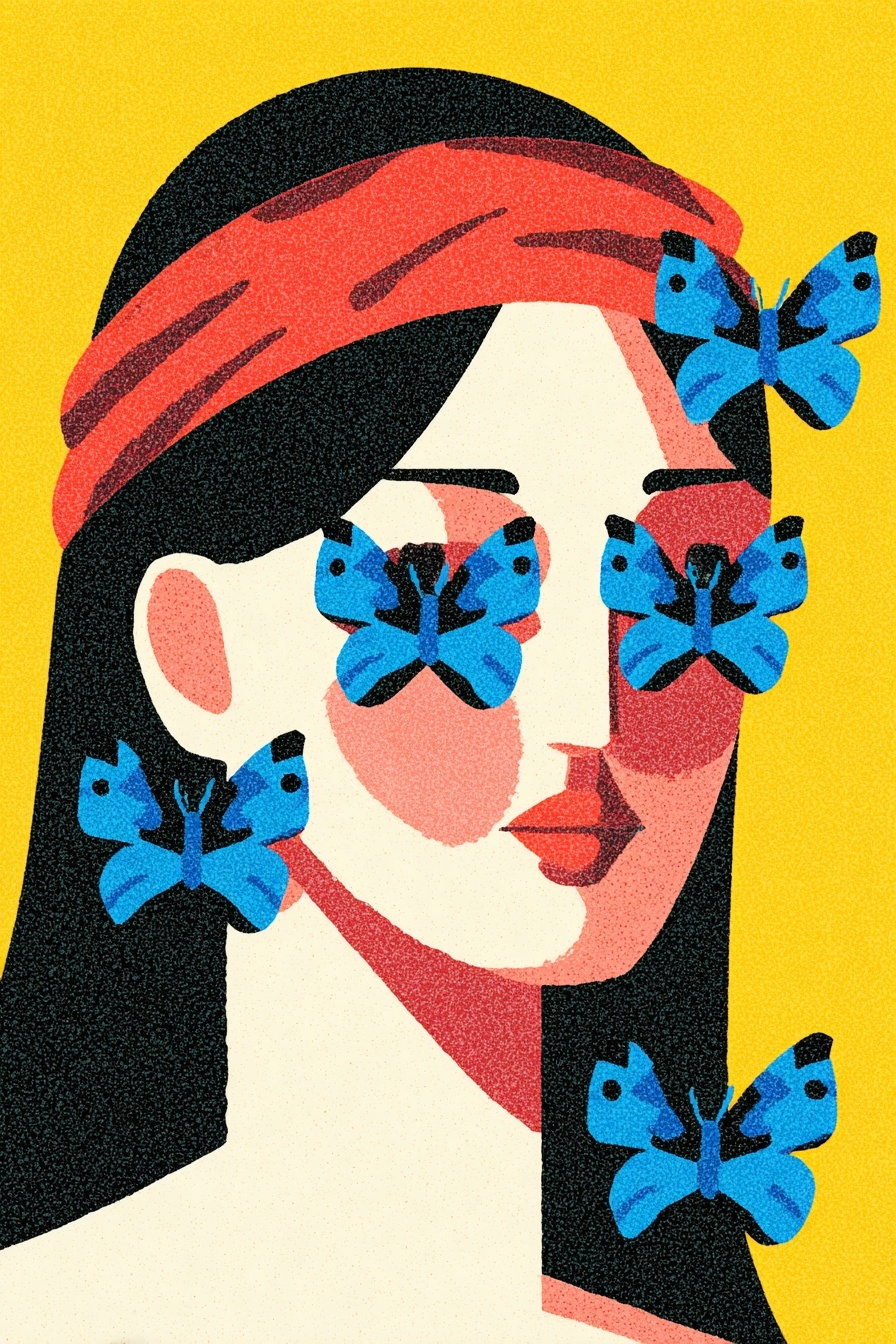 Black-Haired Woman with Blue Butterflies