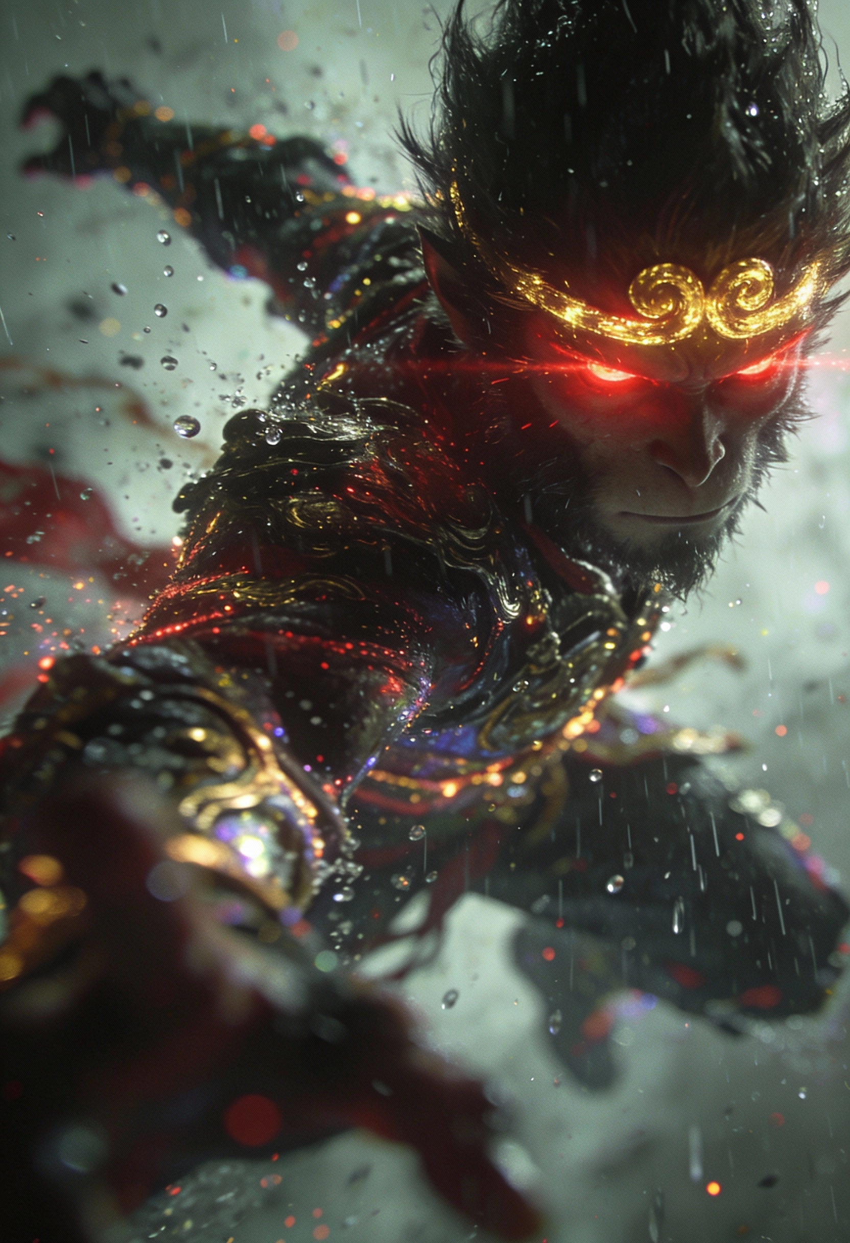 Sun Wukong in a Rain-Soaked Aerial Battle