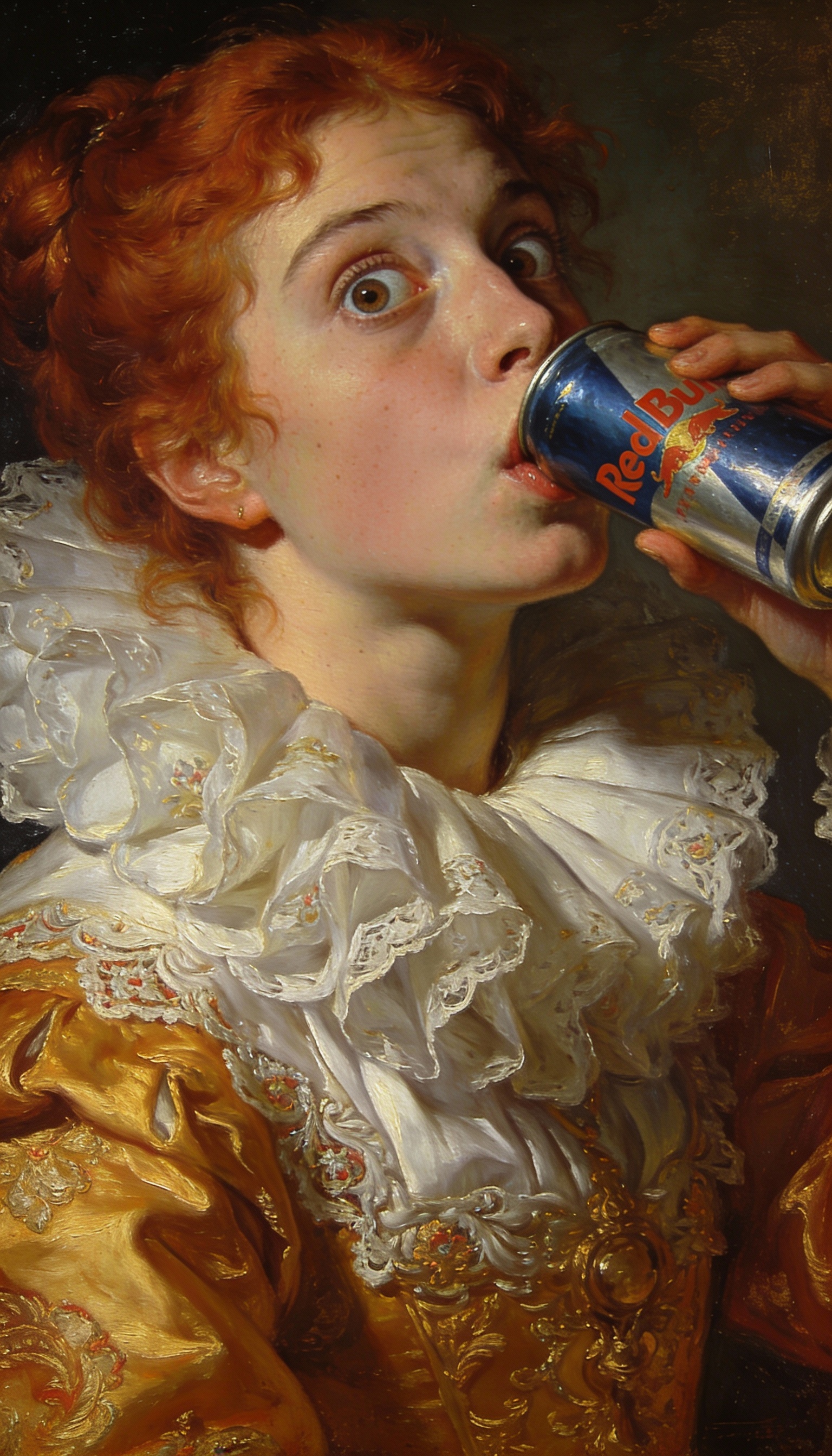 Red-Haired Woman Drinking Red Bull in an Old Master Portrait