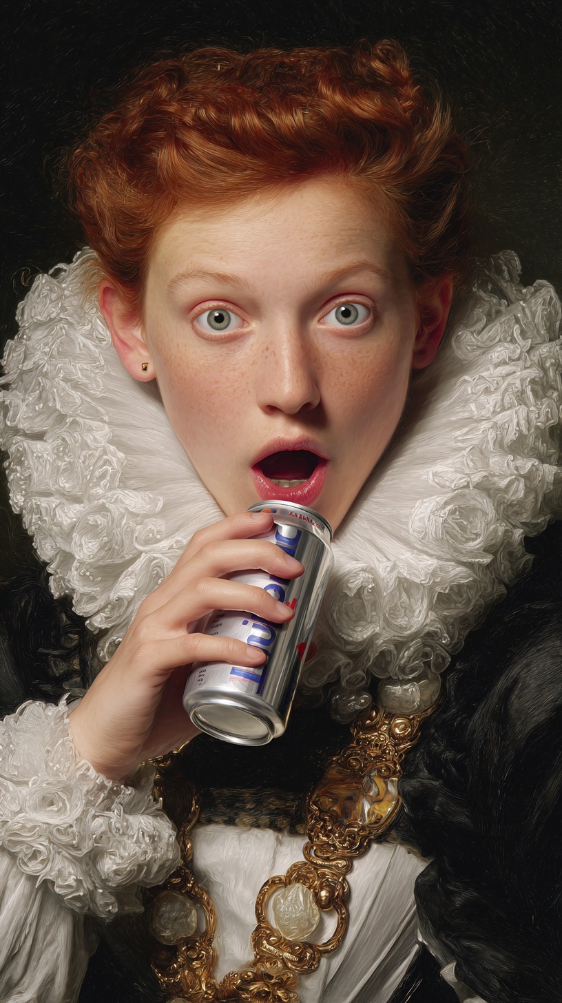 Red-Haired Woman Drinking Red Bull in an Old Master Portrait
