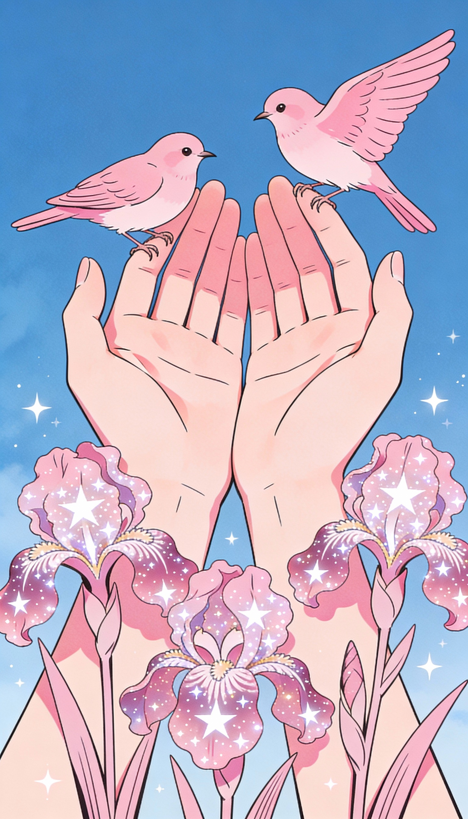 Celestial Pink Palms Holding Birds