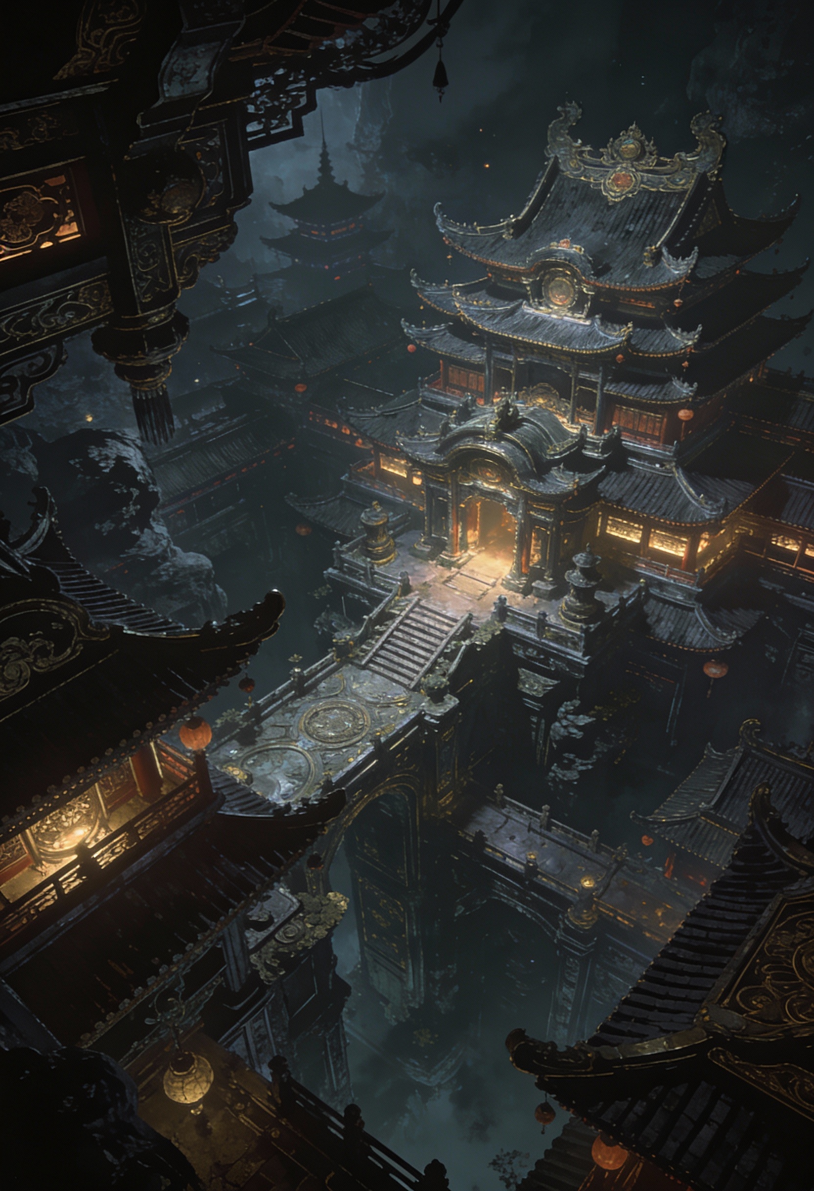 Dark Moebius-Style Ancient Chinese Architecture