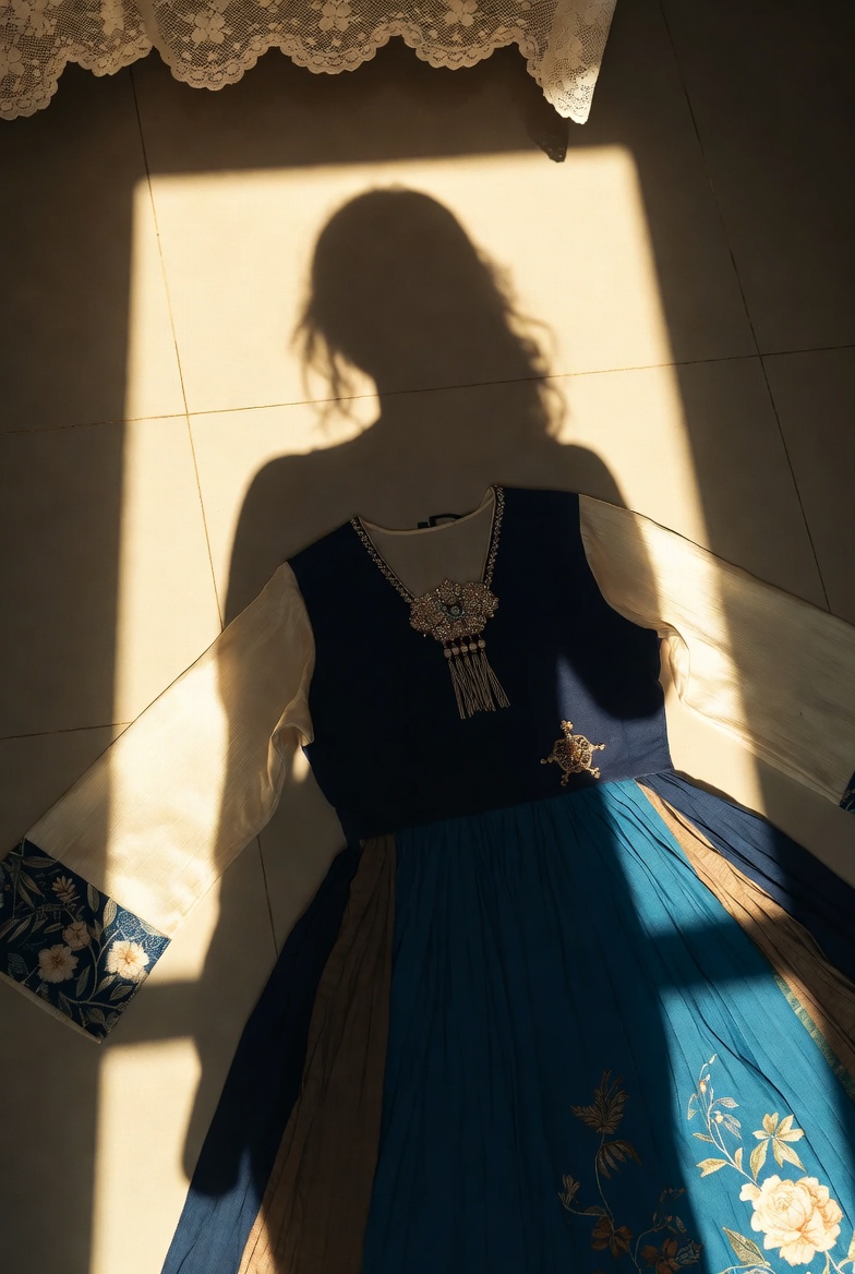 Frauenschatten neben einem sonnenbeschienenen Traditionskleid