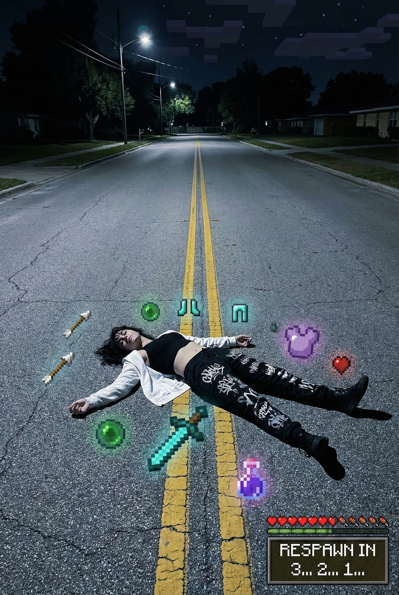 Defeated Player with Minecraft Loot on a Night Road