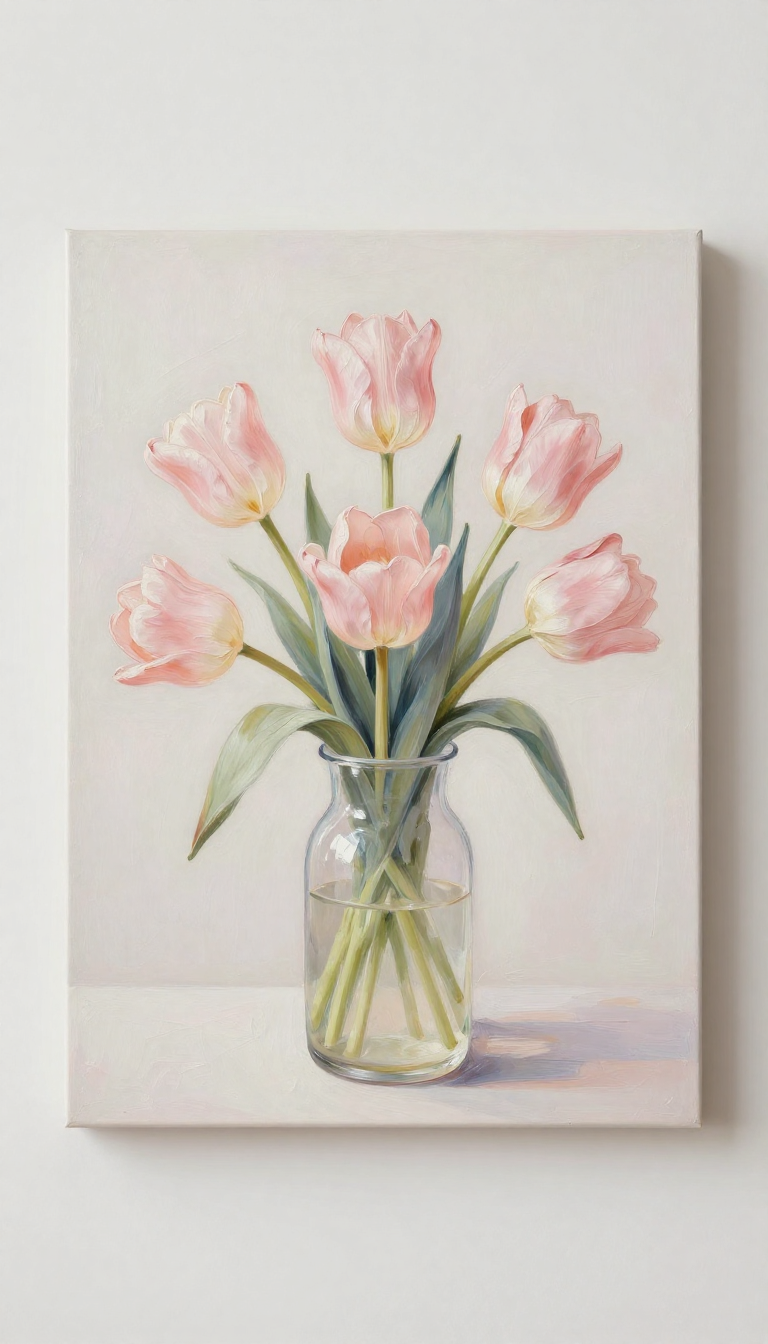 Blush Tulips in a Glass Vase Oil Painting
