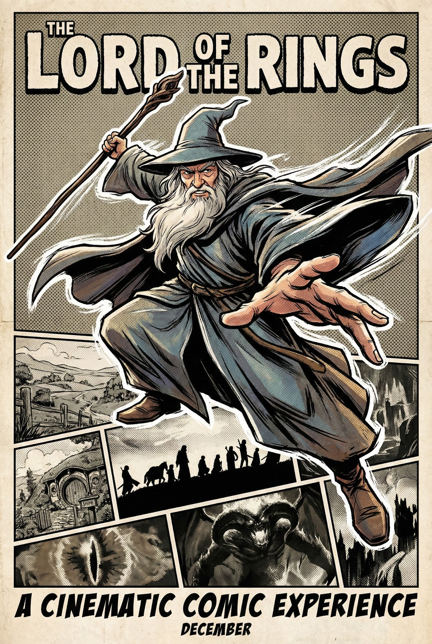 Gandalf Leaping through a Comic Collage